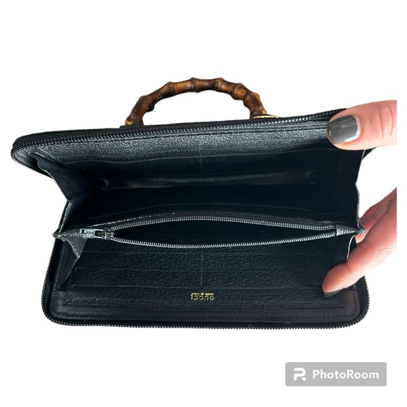 Vintage Gucci zip around wallet on a chain WOC crossbody black suede bamboo - Picture 6 of 16